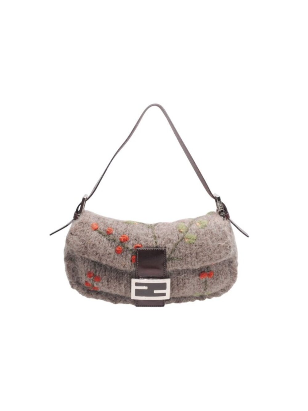 Fendi Mamma Baguette Bag Wool Leather Brown Embroidery Silver